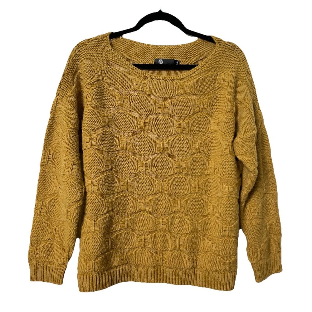 Italian Wool Blend‎ Sweater Womens L/XL Textured Wavy Knit Pullover Yellow Ochre